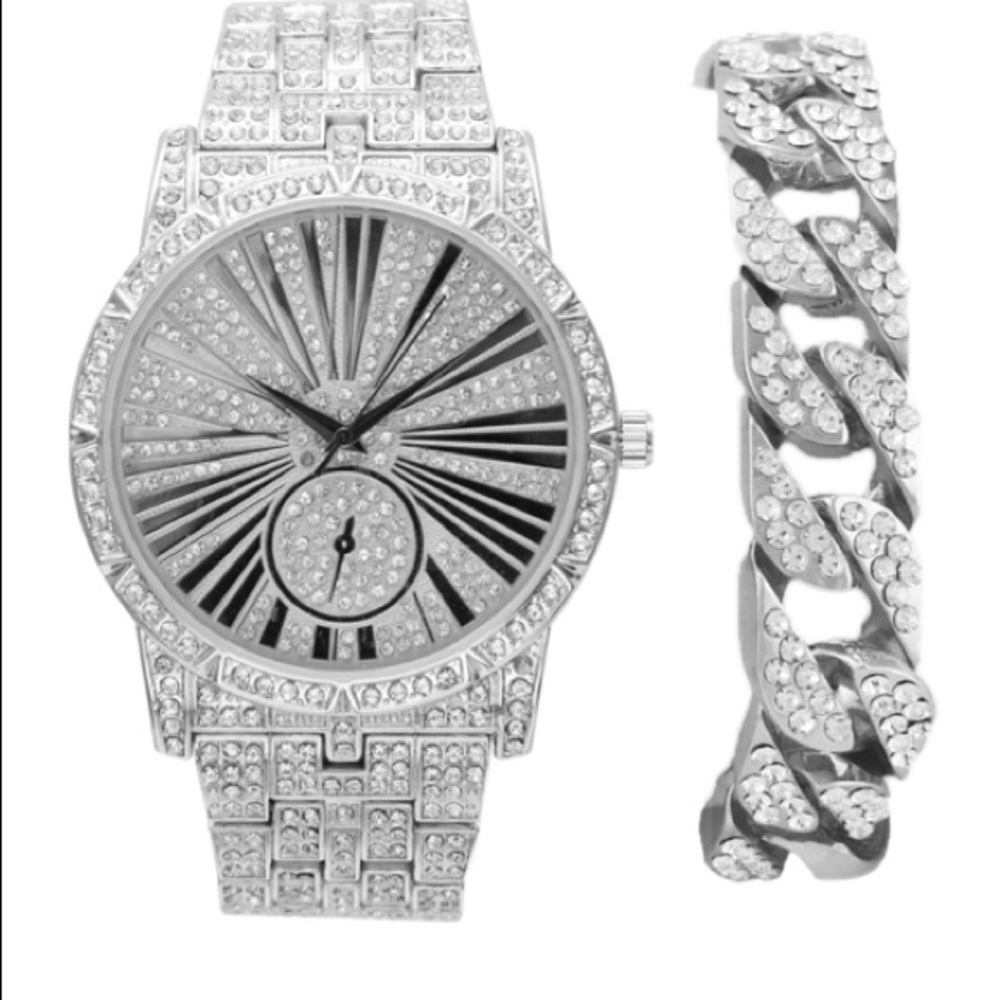 Bling Silver Oversized Watch w/Cuban Ice Bracelet